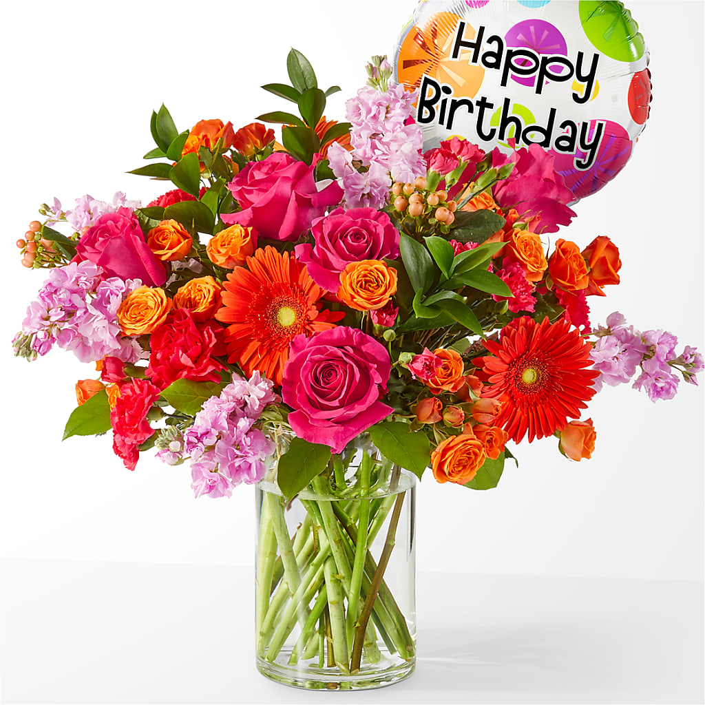 Fiesta Bouquet with Birthday Balloon – Amora Floral Studio, Mooresville NC