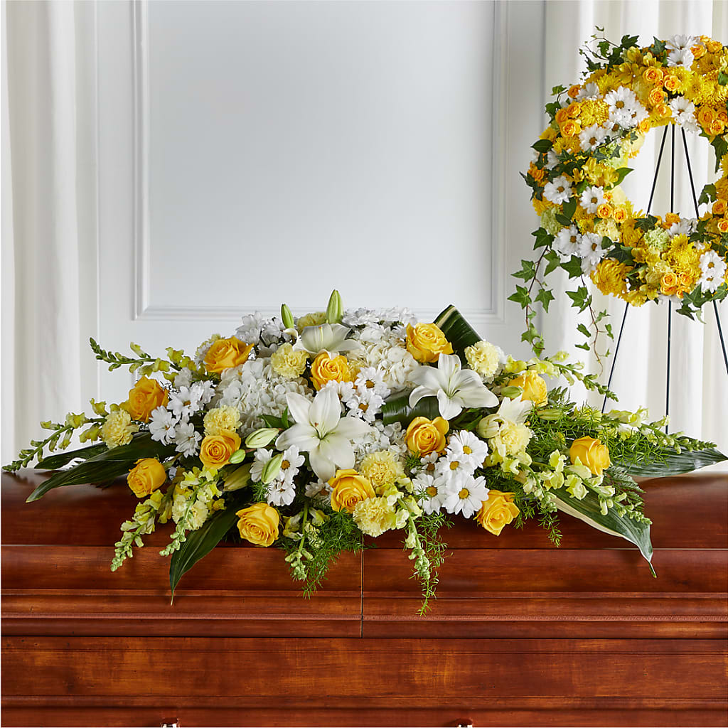 Golden Harmony Casket Spray – Amora Floral Studio, Mooresville NC