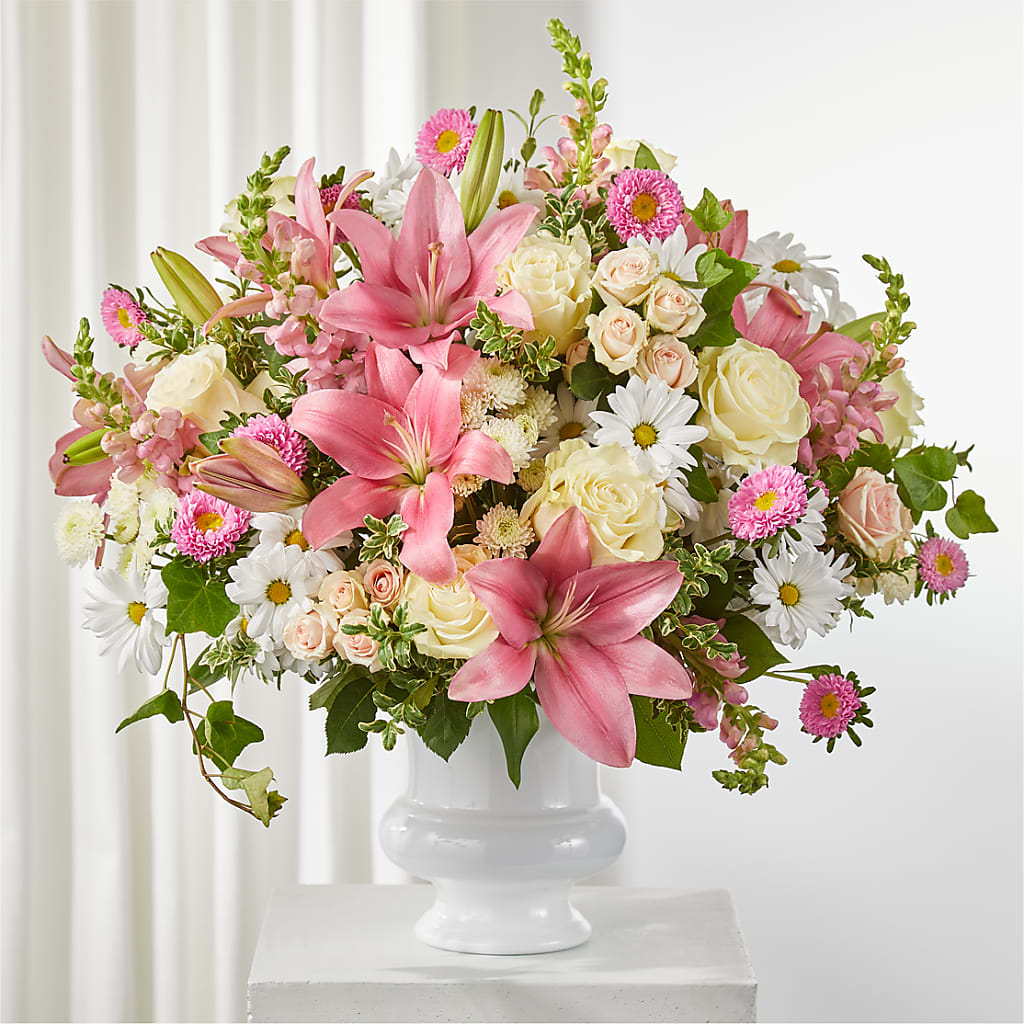Empathetic Blooms Urn Arrangement – Amora Floral Studio, Mooresville NC