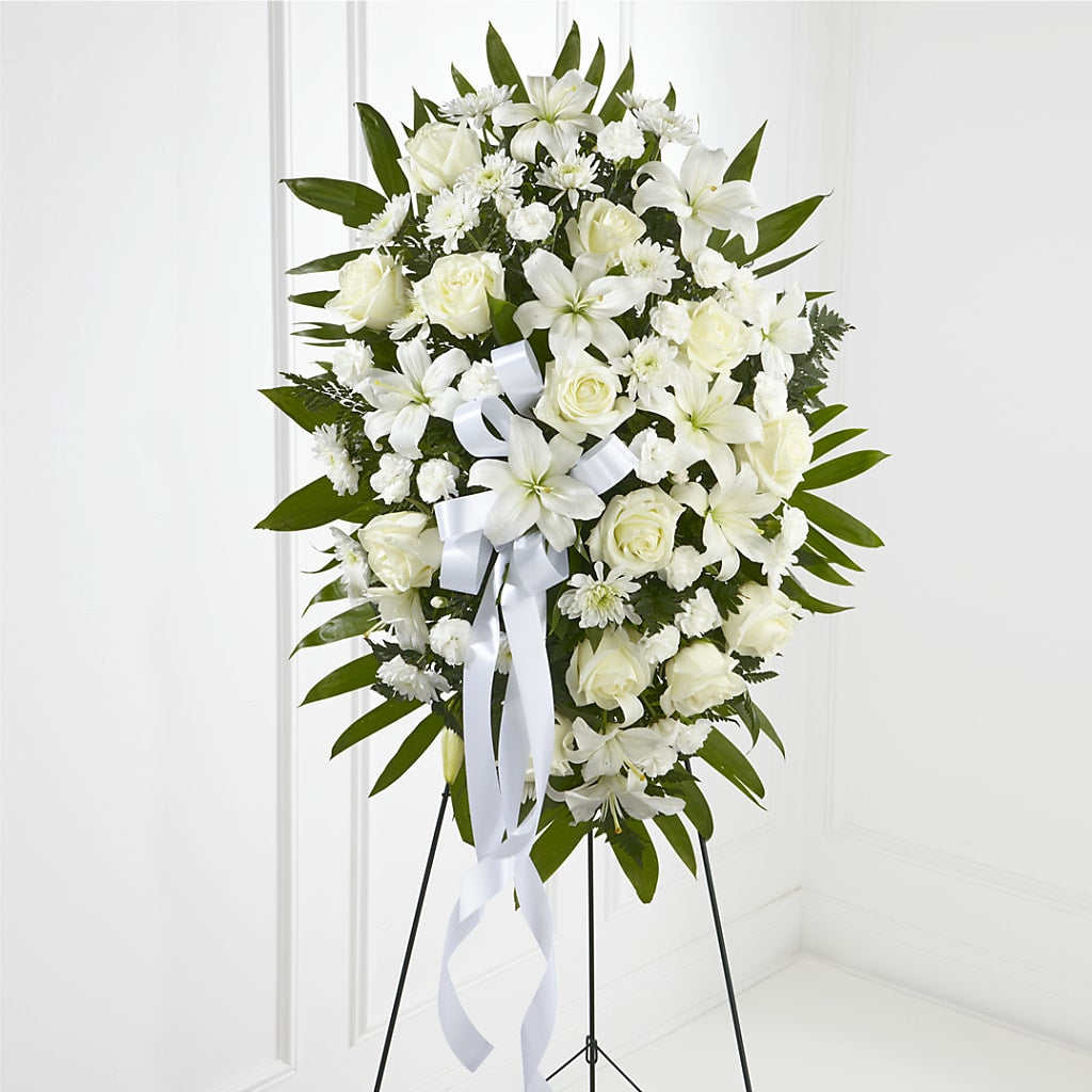 Exquisite Tribute Standing Spray-White Ribbon – Amora Floral Studio, Mooresville NC